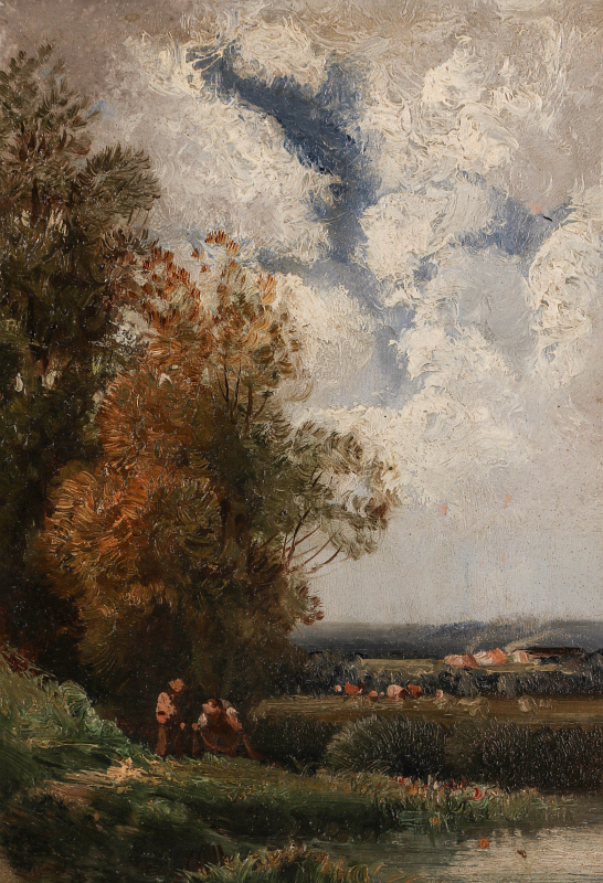 AN UNSIGNED 19TH CENT PASTORAL SCENE OIL ON PANEL