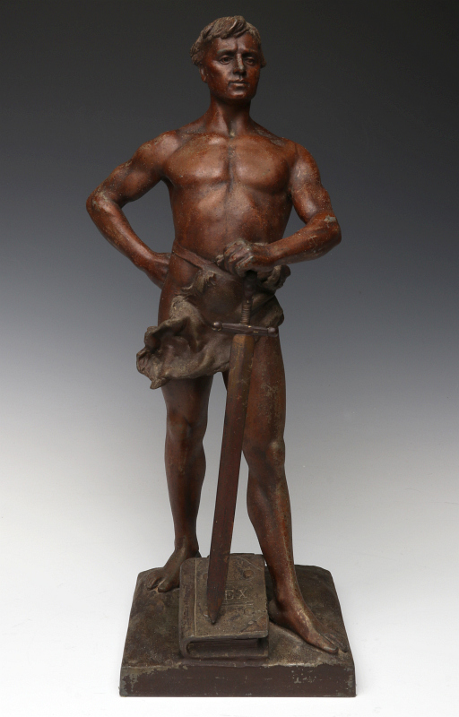 A 19TH C PATINATED SPELTER FIGURE OF A MALE WARRIOR