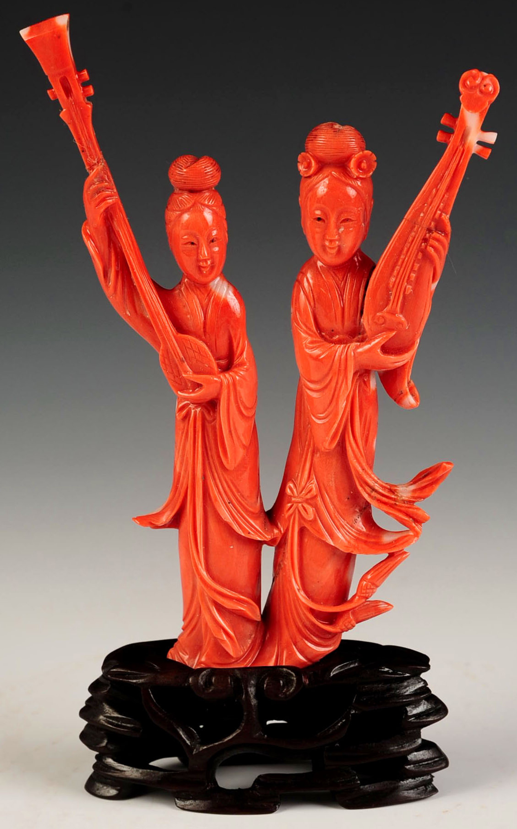 CARVED CORAL FIGURINE OF WOMEN WITH MUSICAL INSTRU