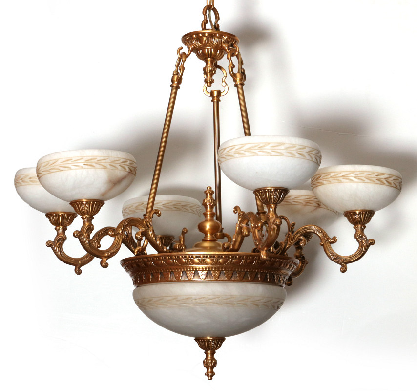A LATE 20TH CENT. CHANDELIER WITH ALABASTER SHADES