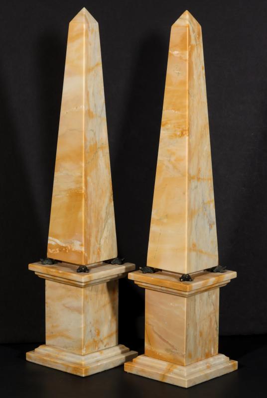 A PAIR 20TH CENTURY MARBLE OBELISKS WITH BRONZE