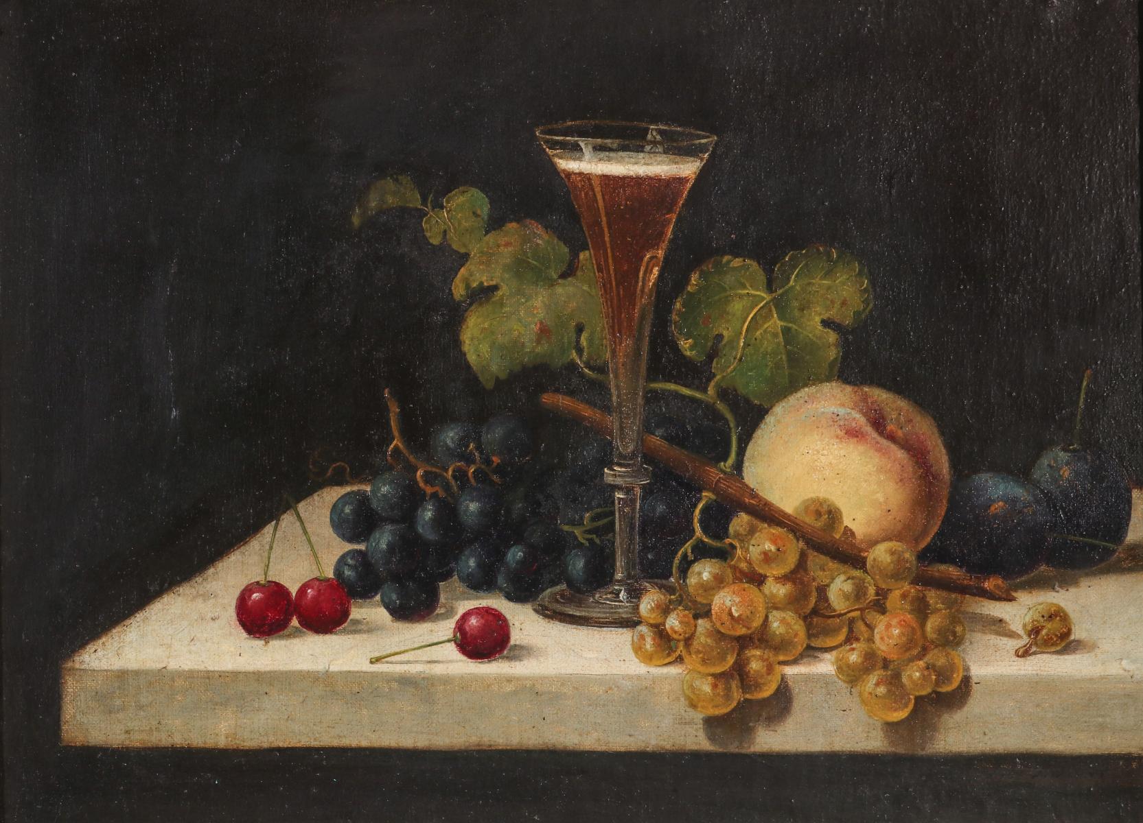 A 19TH CENTURY STILL LIFE OIL OF FRUIT ON MARBLE