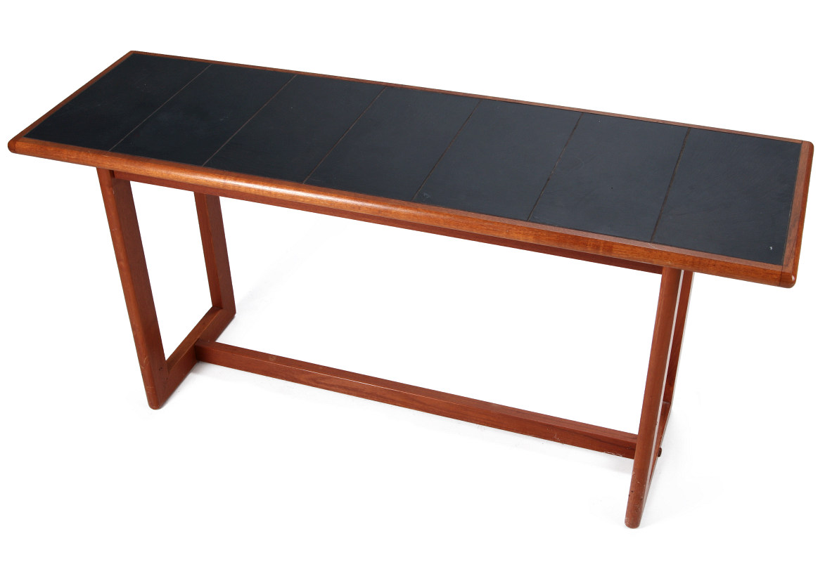 A DANISH MODERN SOFA TABLE, TEAK WITH SLATE INLAY