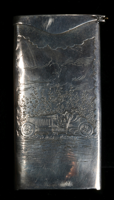 A STERLING CARD CASE ENGRAVED W/ EARLY AUTOMOBILE