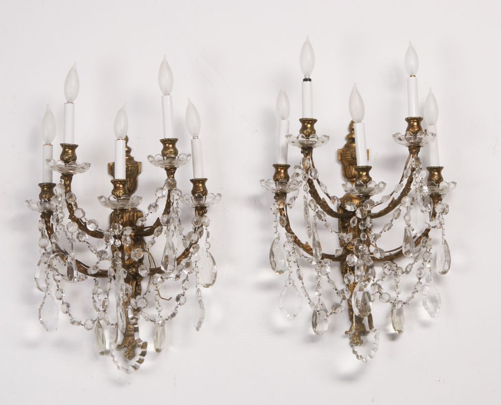 A PAIR FRENCH FOUR-ARM SCONCES DRESSED IN PRISMS