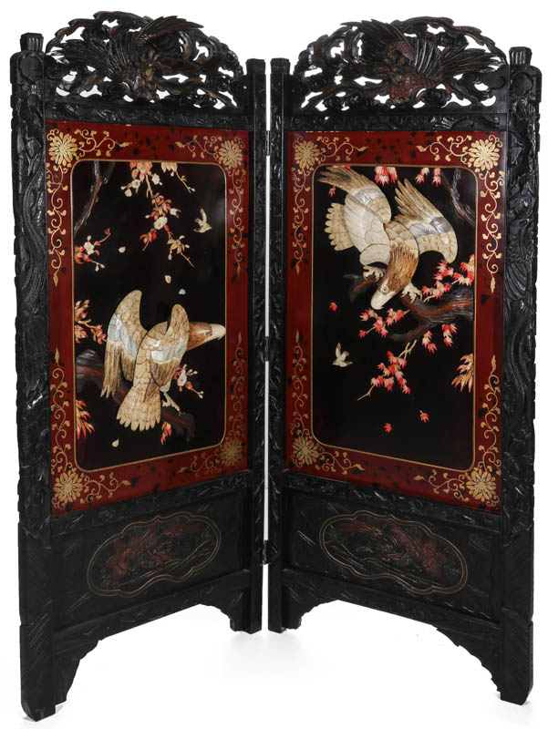 A CARVED AND LACQUERED JAPANESE SCREEN WITH EAGLES