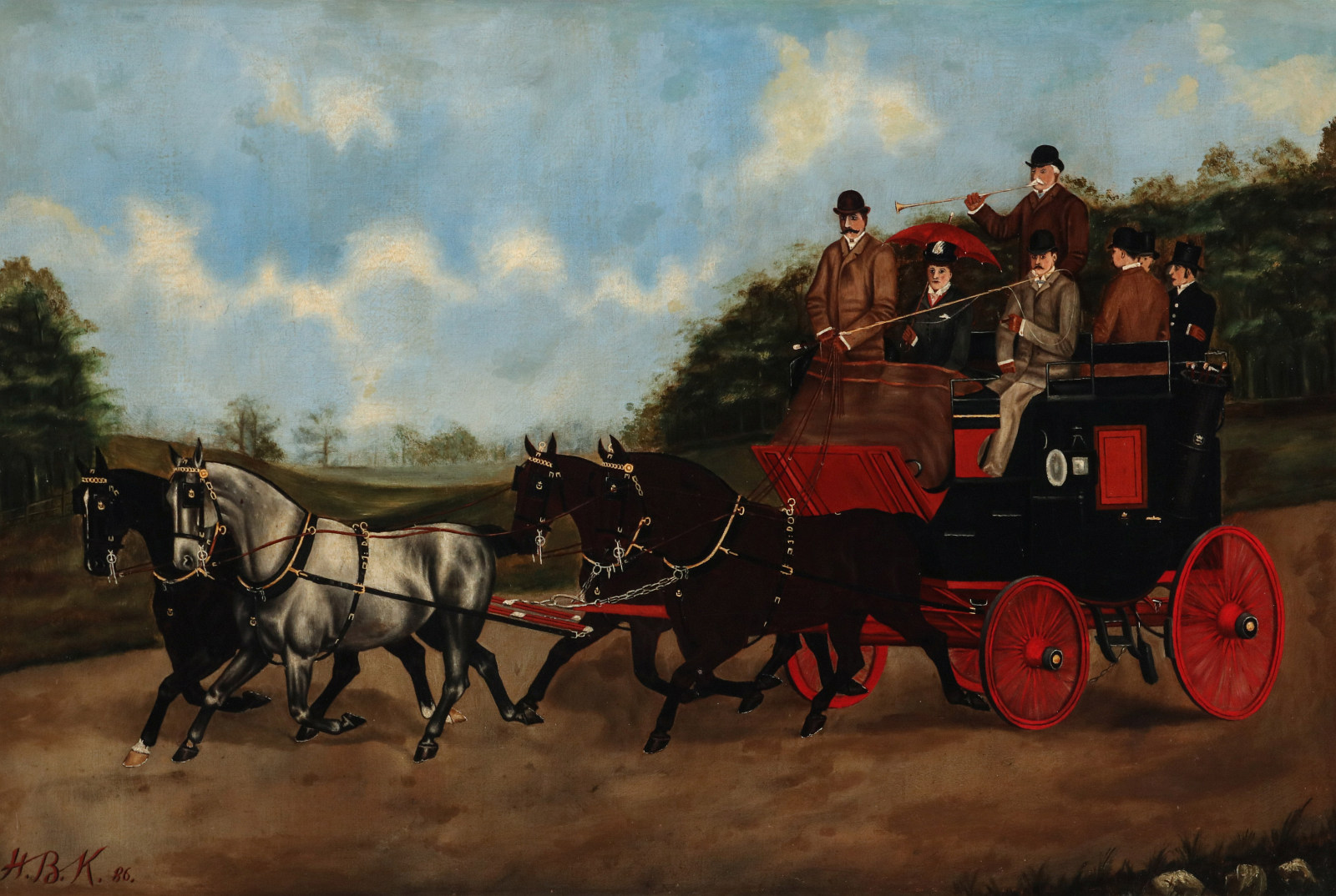 AN 1886 OIL ON CANVAS COACHING SCENE SIGNED H.B.K.
