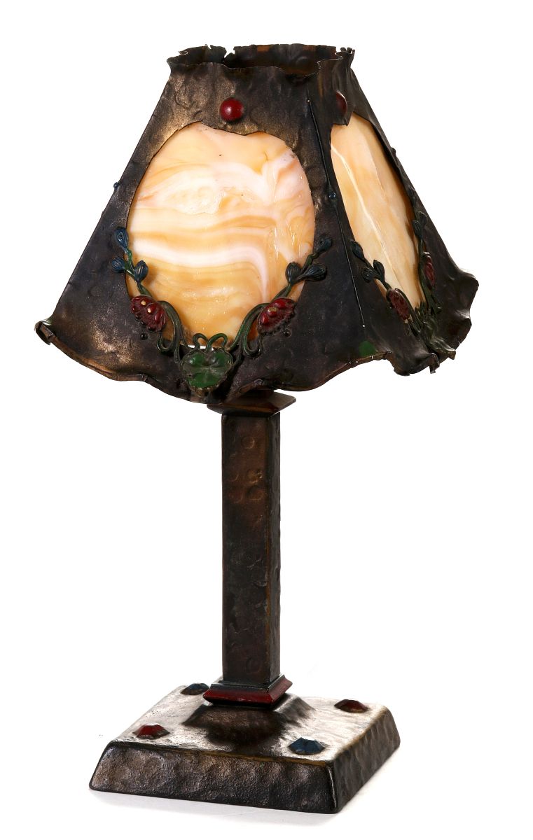 AN ARTS AND CRAFTS PAINTED IRON BOUDOIR LAMP