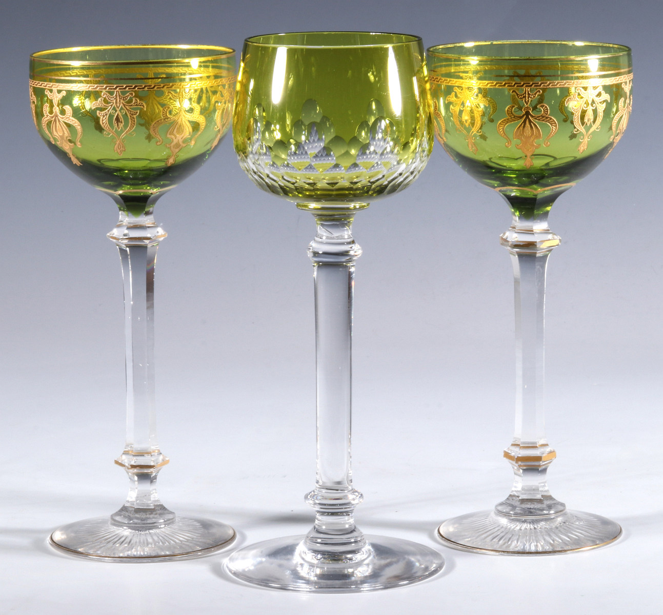 THREE CIRCA 1900 ART GLASS WINE GOBLETS