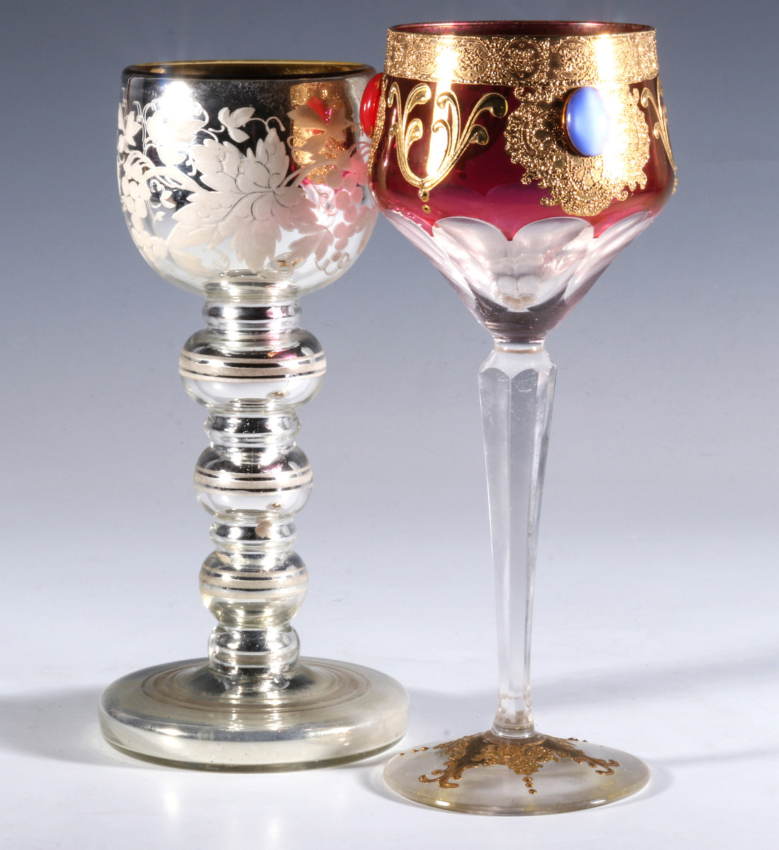 MERCURY GLASS AND JEWELED CRANBERRY GOBLETS