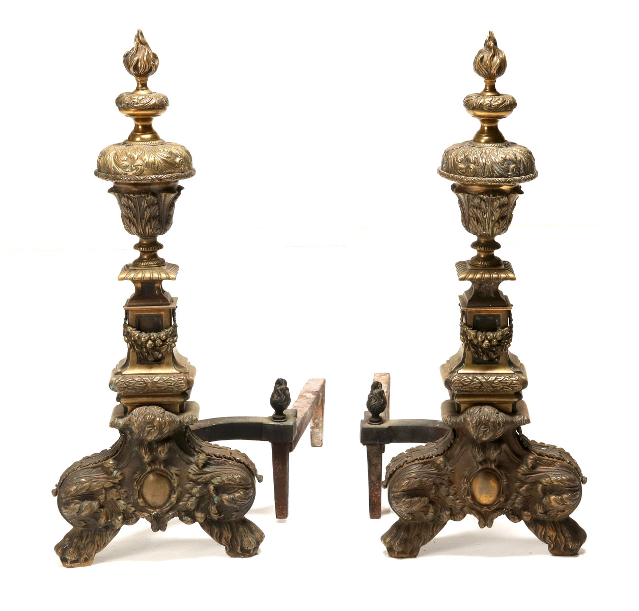 A PAIR 19TH CENTURY BRONZE HAIRY PAW FOOT ANDIRONS