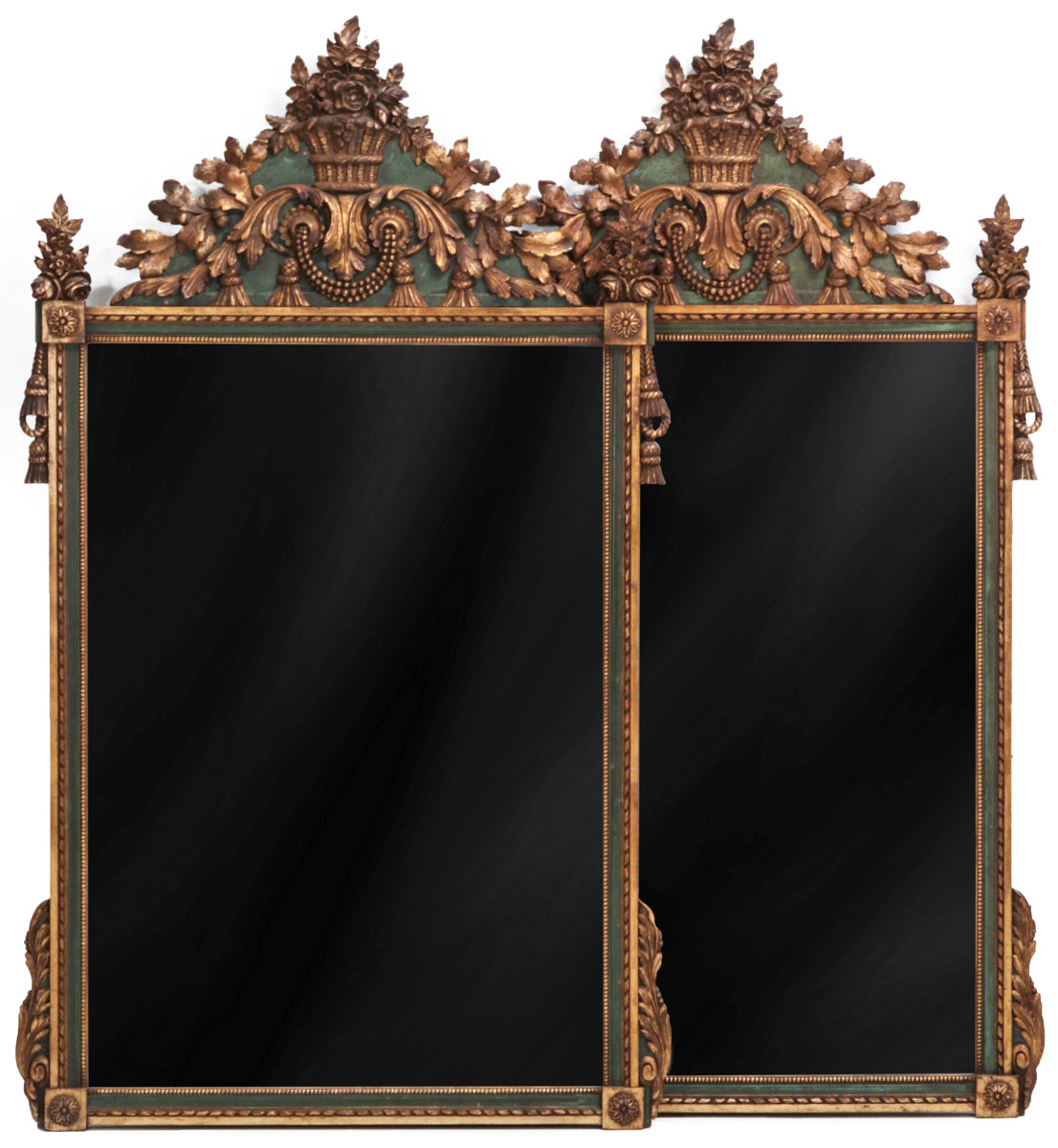 A PAIR EARLY 20TH C. FRENCH GREEN AND GOLD MIRRORS