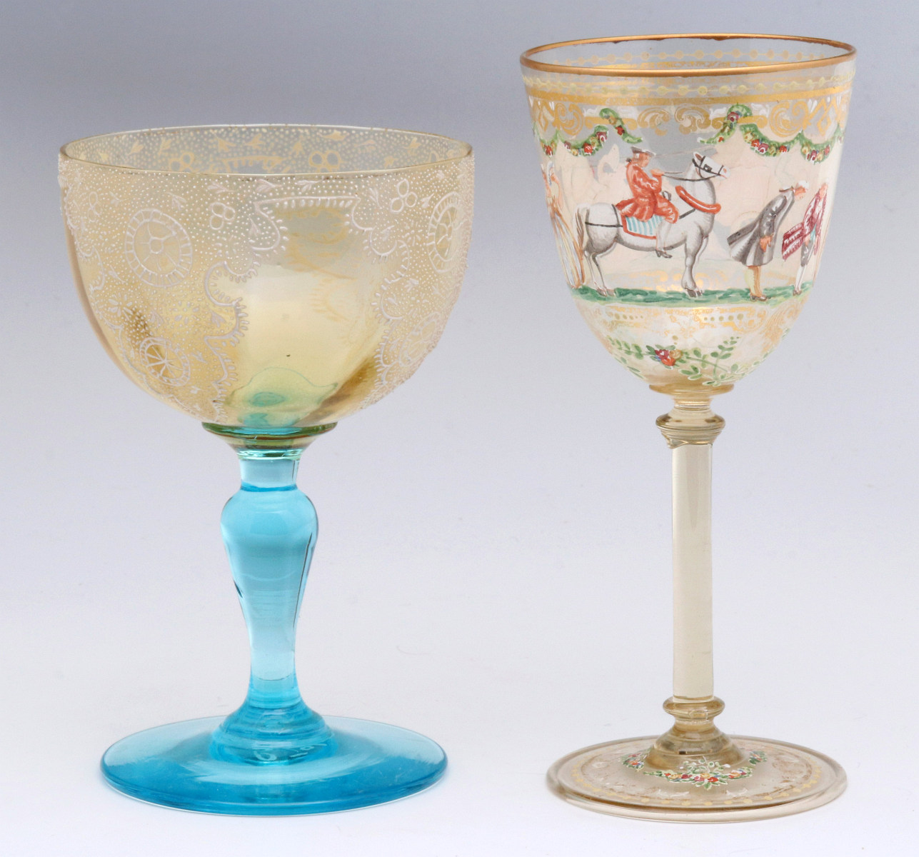 TWO INTERESTING ENAMELED ART GLASS WINE GOBLETS