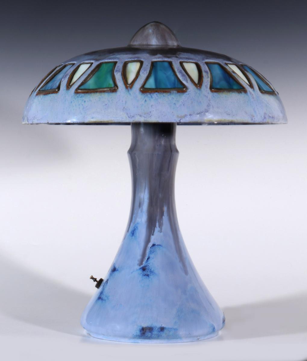 A FULPER ART POTTERY TABLE LAMP WITH LEADED GLASS