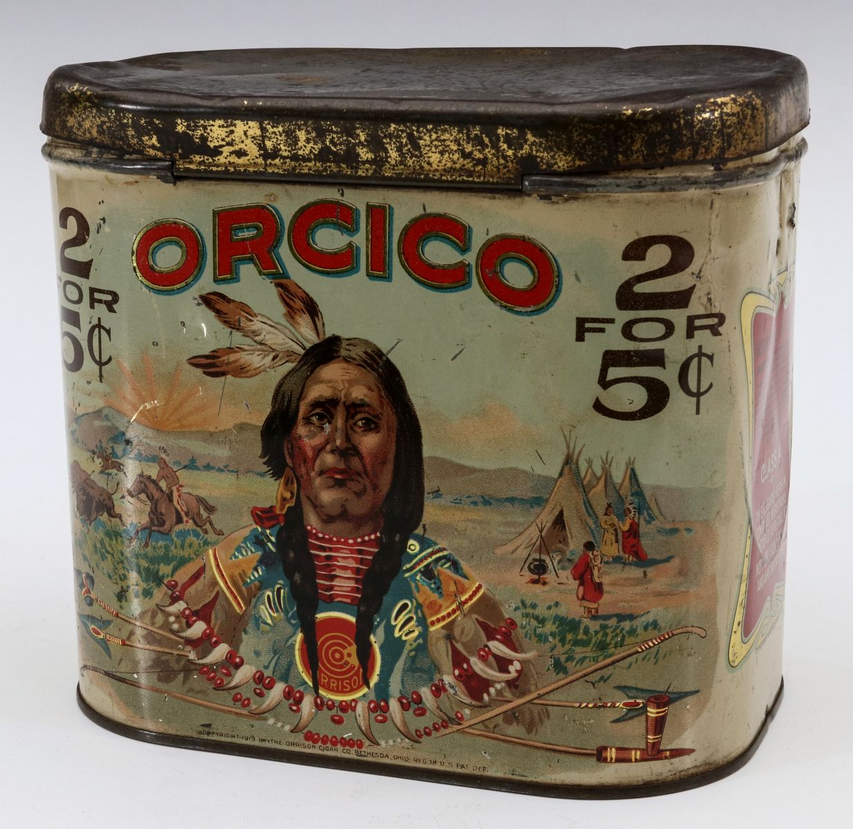 AN ORCICO 5Â¢ CIGAR TIN WITH INDIANS DATED 1919
