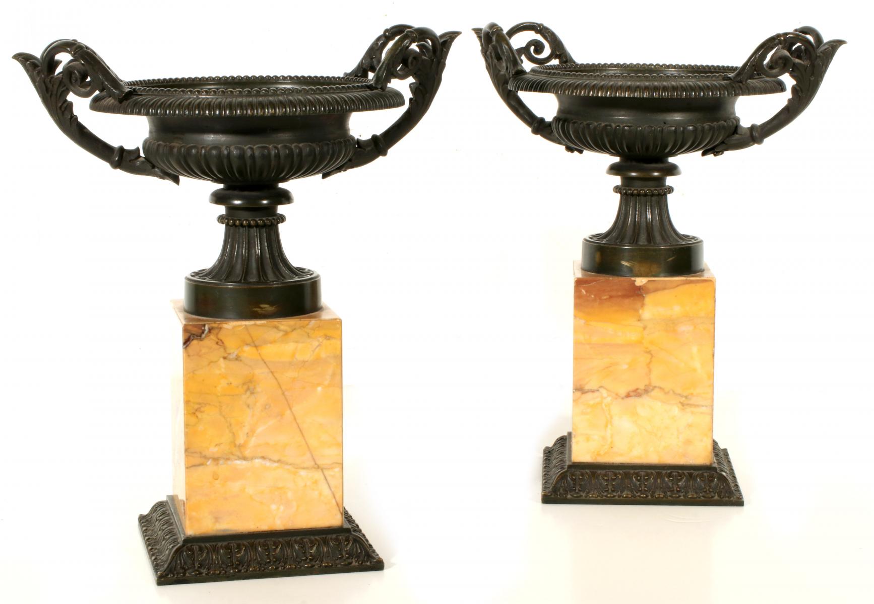 A PAIR 19TH CENTURY BRONZE AND MARBLE TAZZA