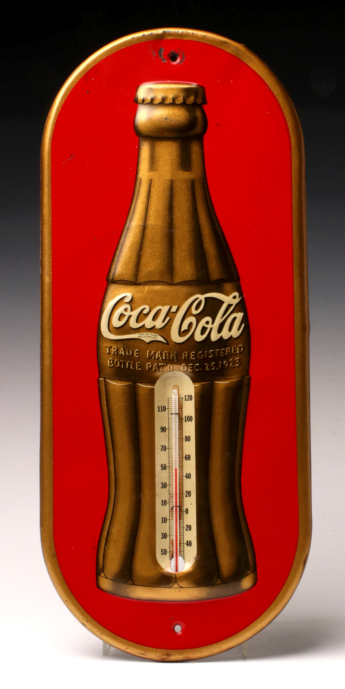 A TIN LITHO COCA-COLA ADVERT. THERMOMETER CA. 1936