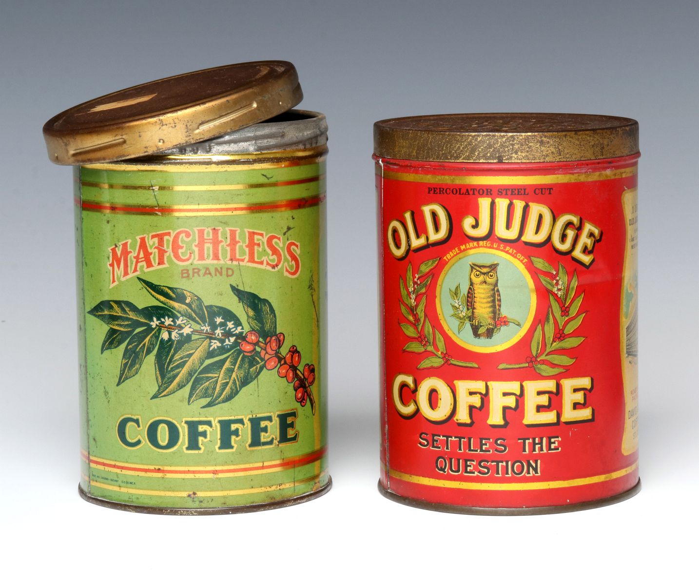 TWO COLORFUL ONE POUND COFFEE CANS CIRCA 1920
