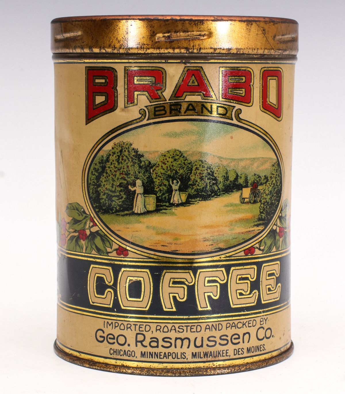 A BRABO BRAND ONE POUND WHOLE BEAN COFFEE TIN