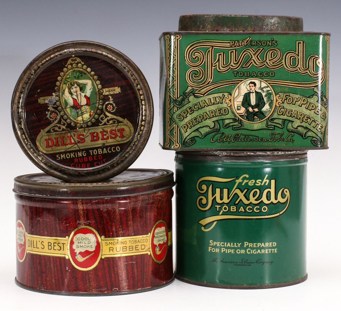 ADVERTISING TINS FOR DILL'S BEST AND TUXEDO TOBACCO