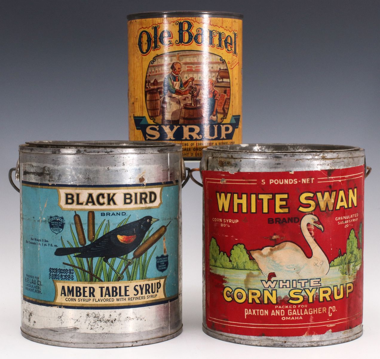 THREE TIN SYRUP PAILS WITH COLOR LITHOGRAPH LABELS