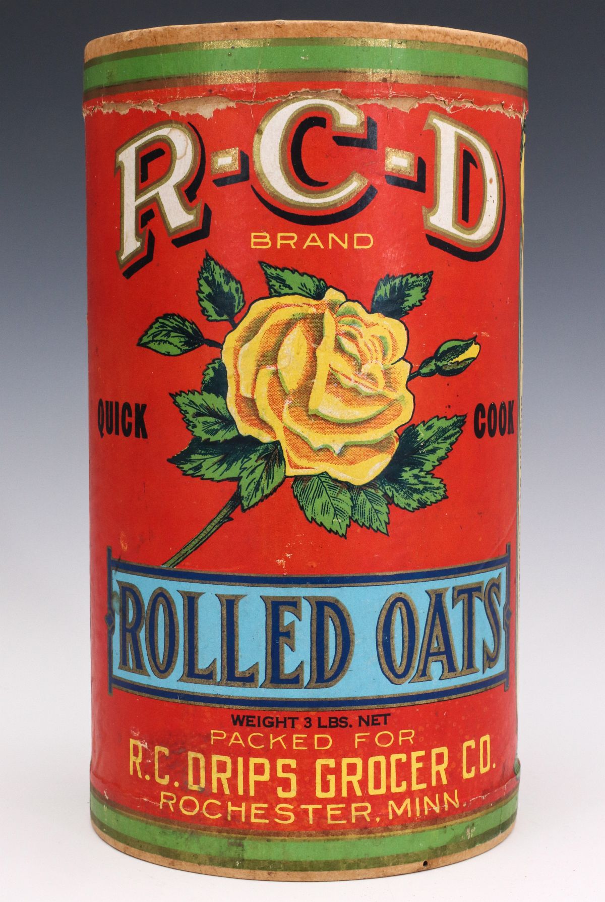 AN R-C-D BRAND ROLLED OATS CONTAINER, CIRCA 1910