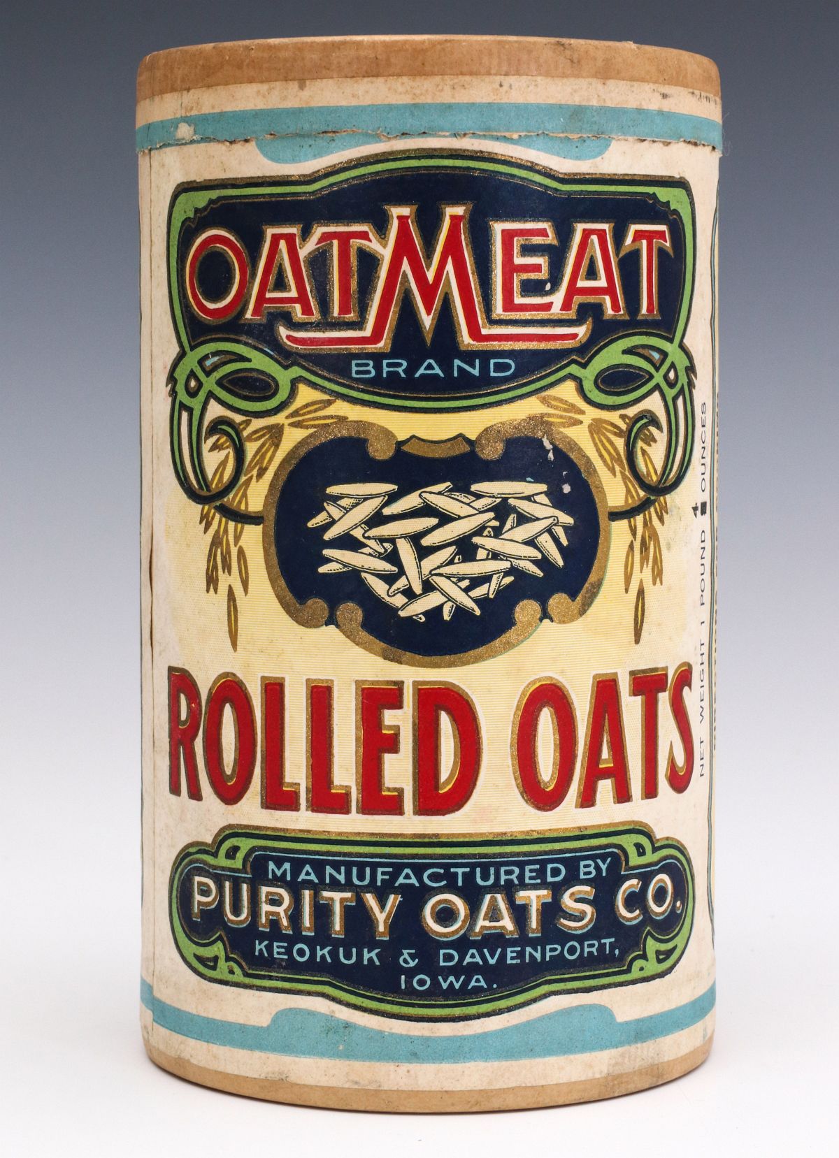 AN OATMEAT BRAND ROLLED OATS CONTAINER CIRCA 1930s