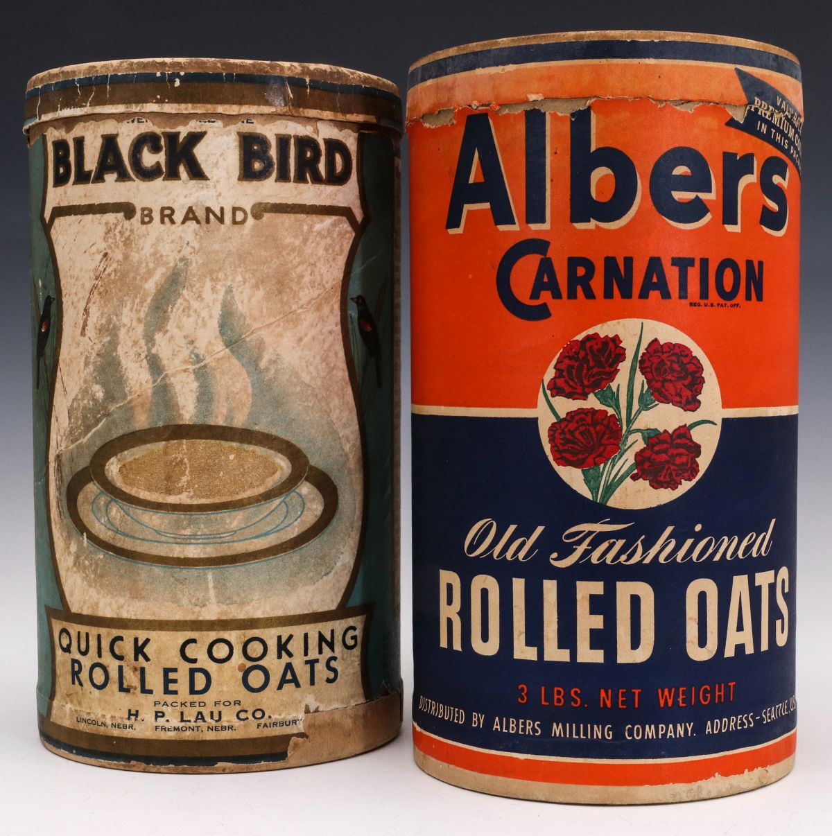 BLACK BIRD AND CARNATION BRAND OATMEAL CANISTERS