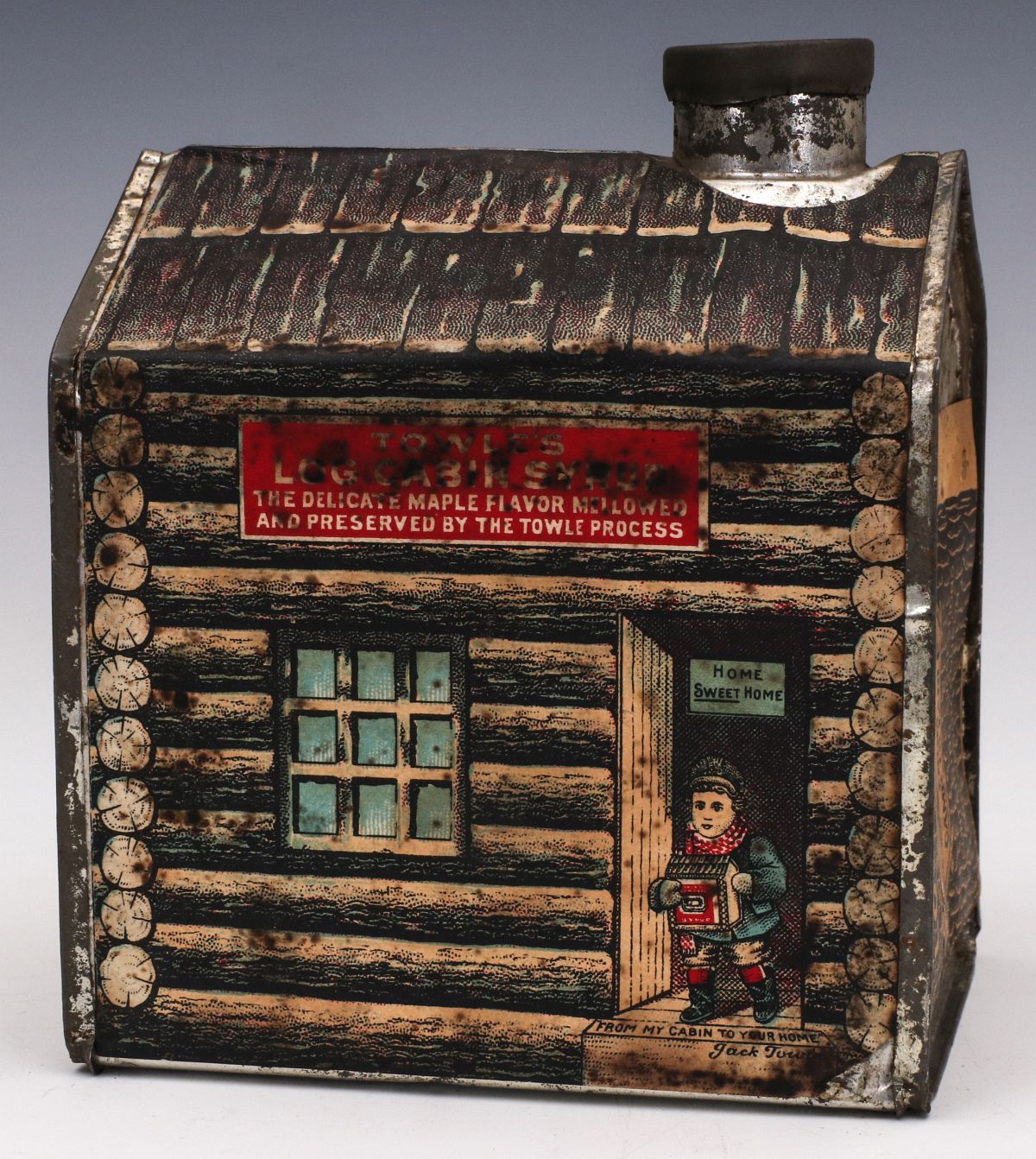 A ONE QUART LOG CABIN SYRUP ADVERTISING TIN C 1908