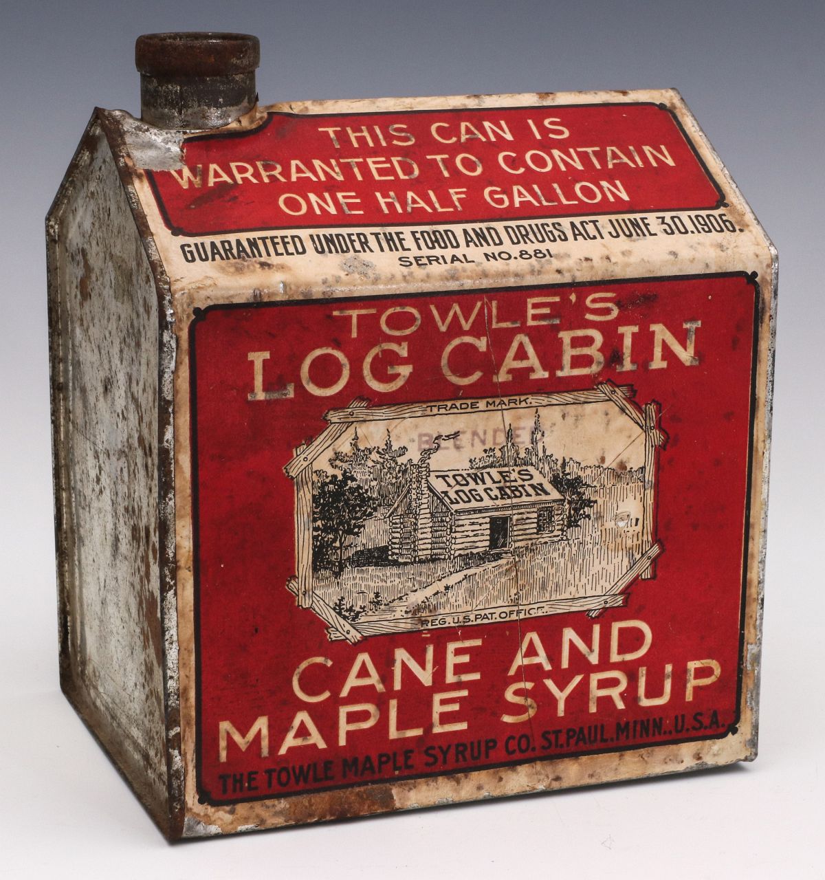 A TOWLE'S LOG CABIN SYRUP 1/2 GALLON CAN C. 1910