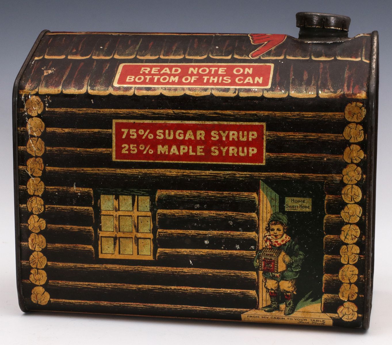 A GOOD EARLY LARGE SIZE LOG CABIN SYRUP CONTAINER