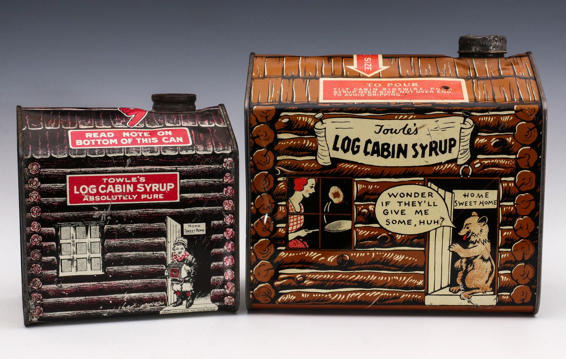 TOWLE'S LOG CABIN MEDIUM AND LARGE SYRUP TINS