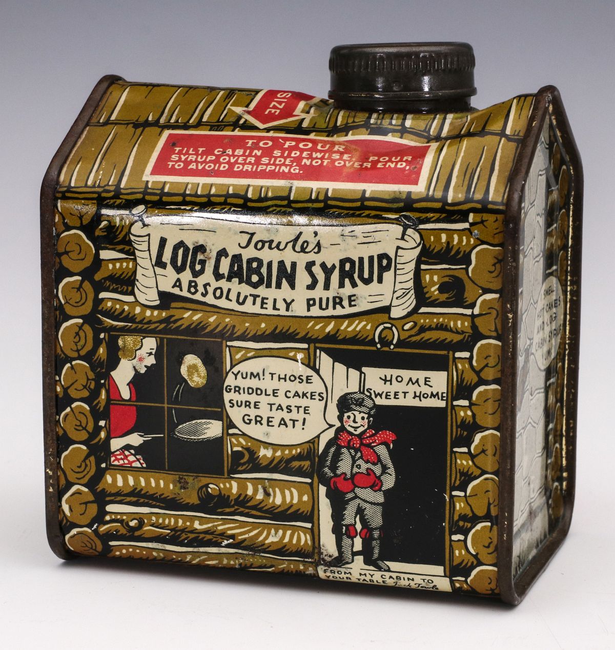 A 'TABLE SIZE' LOG CABIN SYRUP ADVERTISING TIN