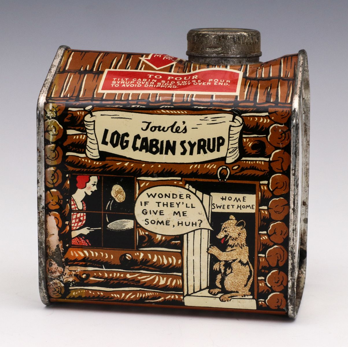 A 'TABLE SIZE' LOG CABIN SYRUP ADVERTISING TIN