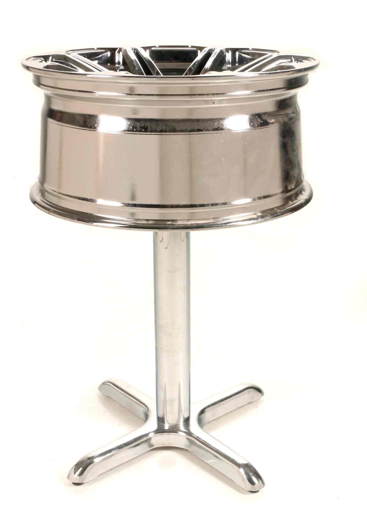 'STAND TABLE' FASHIONED FROM CHROME TRUCK WHEEL