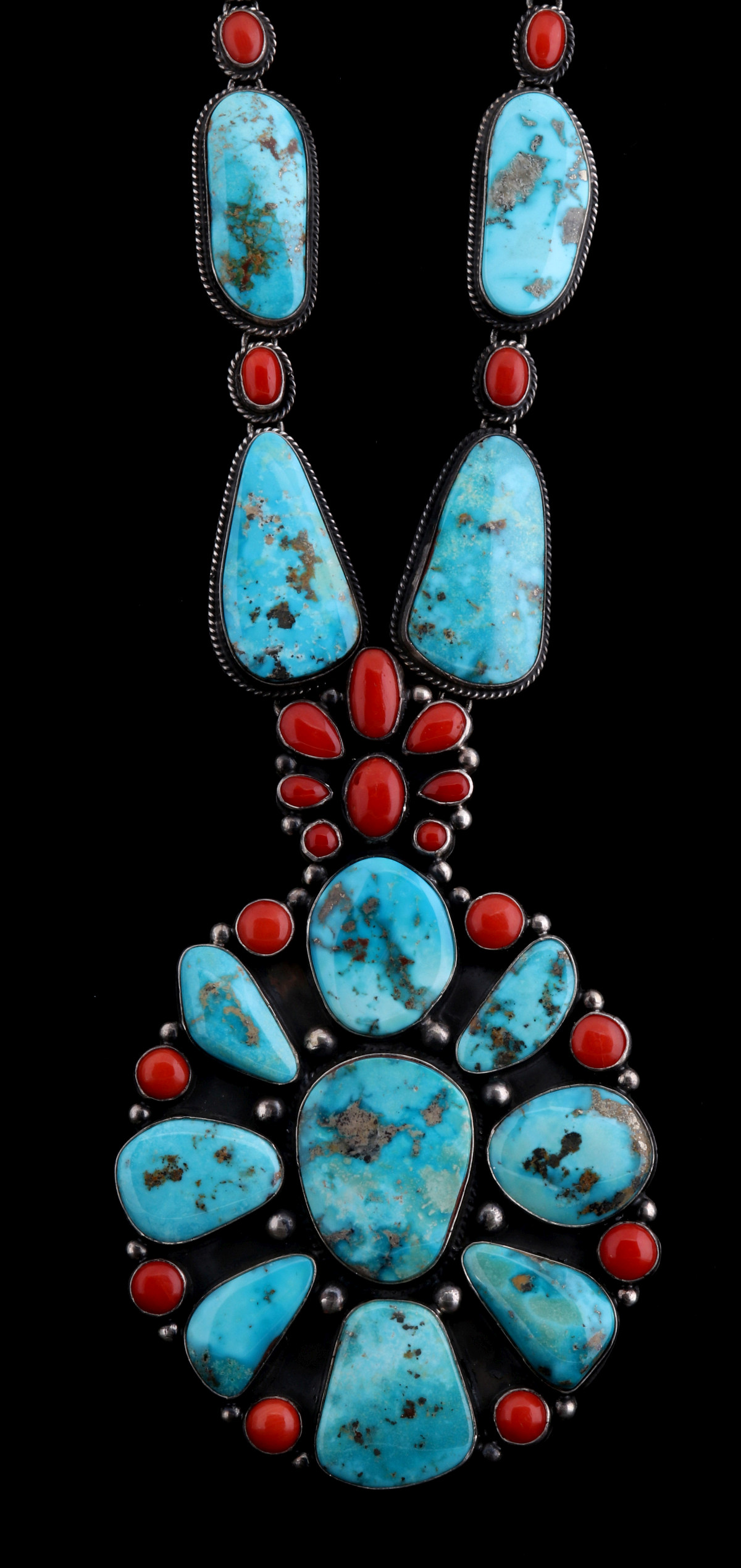 A CORAL AND TURQUOISE NECKLACE SIGNED ANDY CADMAN