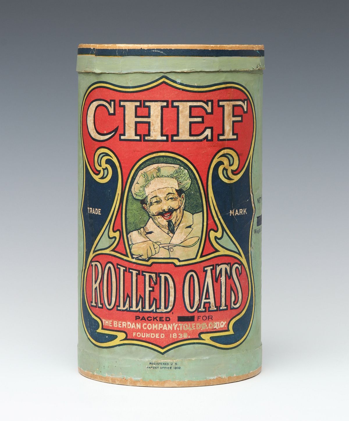A CHEF BRAND ROLLED OATS CONTAINER CIRCA 1902