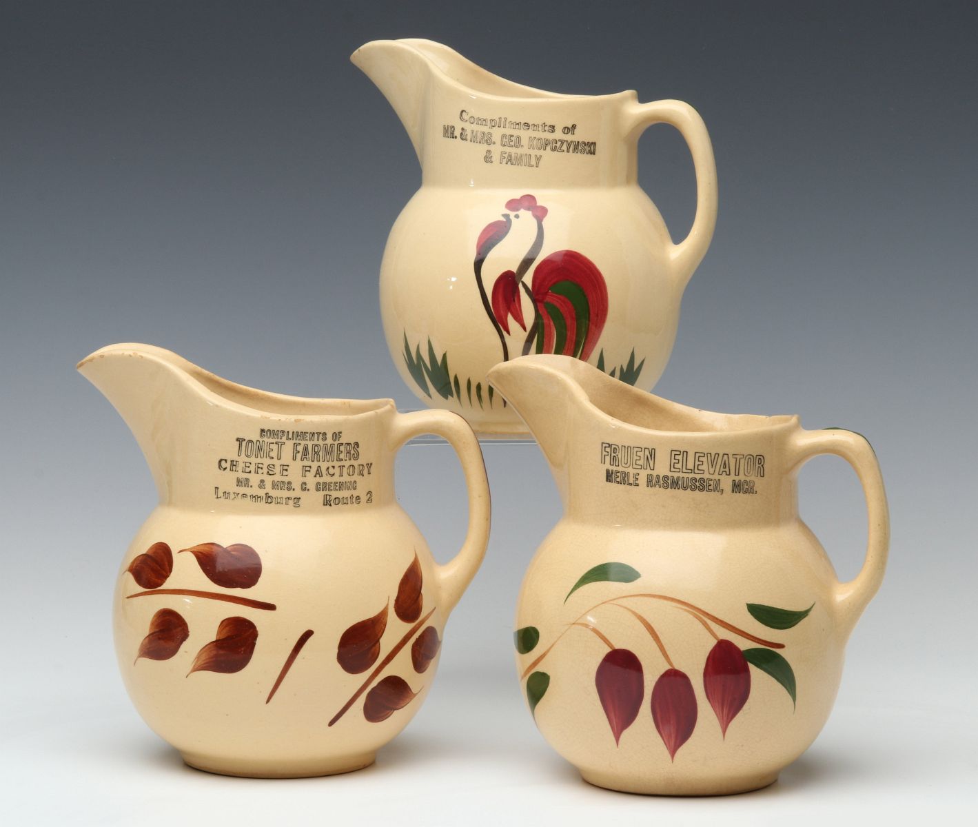 WATT POTTERY PITCHERS WITH ADVERTISING
