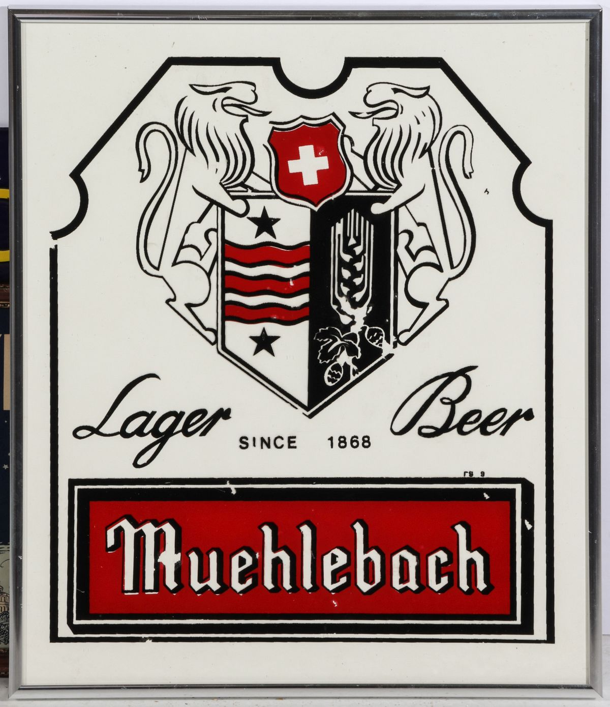 A MUEHLEBACH BEER REVERSE PAINTED ADVERTISING SIGN
