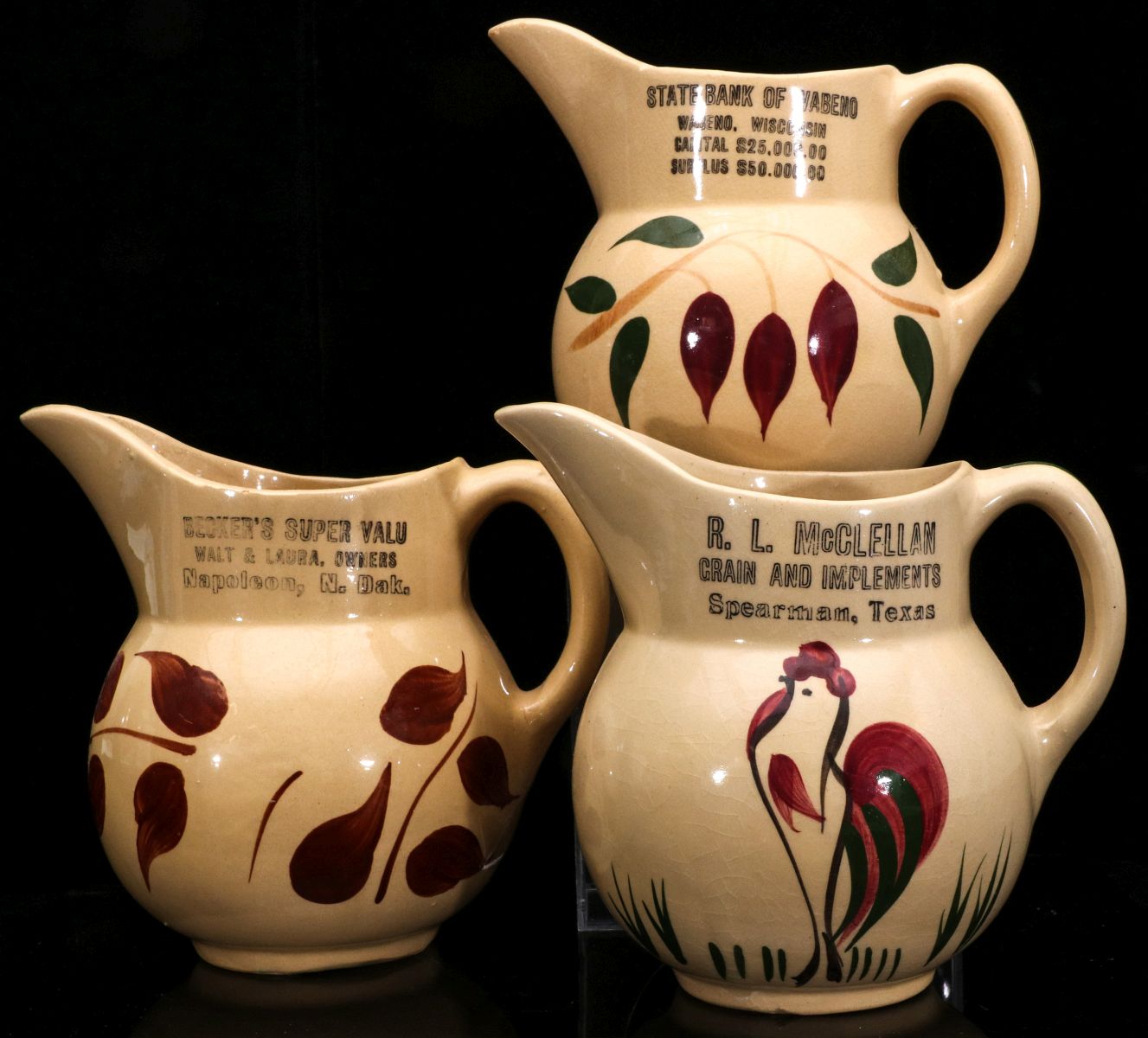 WATT POTTERY PITCHERS WITH PRINTED ADVERTISING