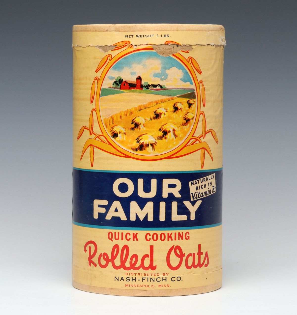 AN OUR FAMILY BRAND ROLLED OATS CONTAINER C. 1941