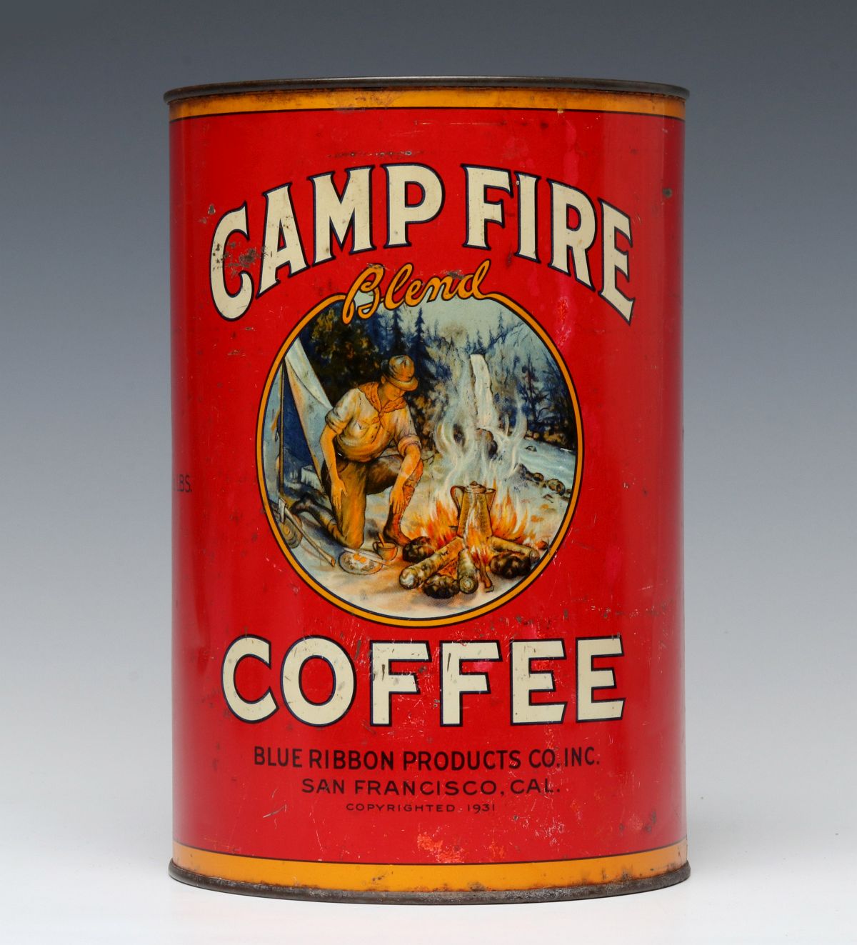 A RARE 'CAMPFIRE' BRAND COFFEE CAN W/ BOY SCOUT