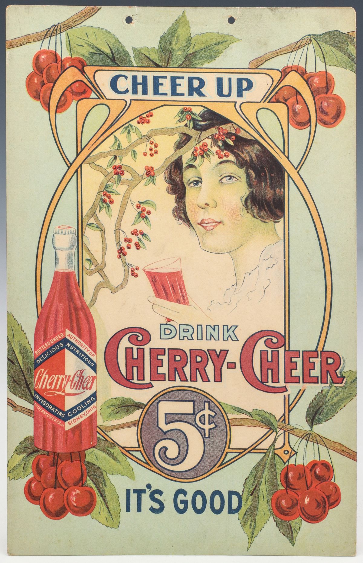 A 1920s CHERRY-CHEER 5Â¢ SODA POP ADVERTISING SIGN