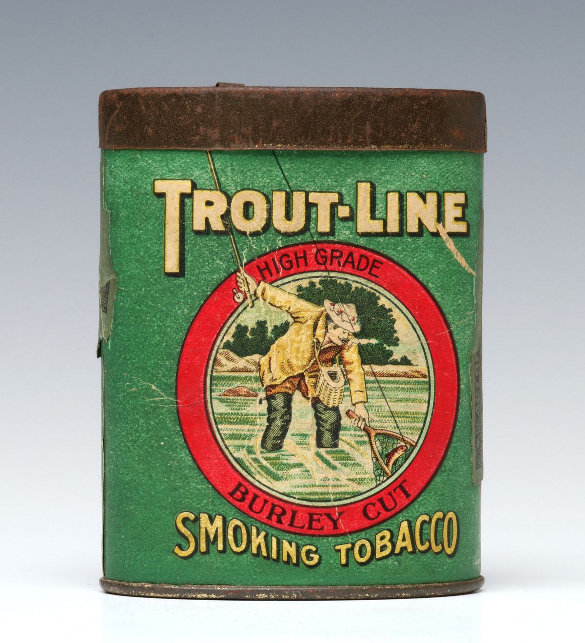 A TROUT-LINE BRAND TOBACCO CAN WITH DISPENSER TOP