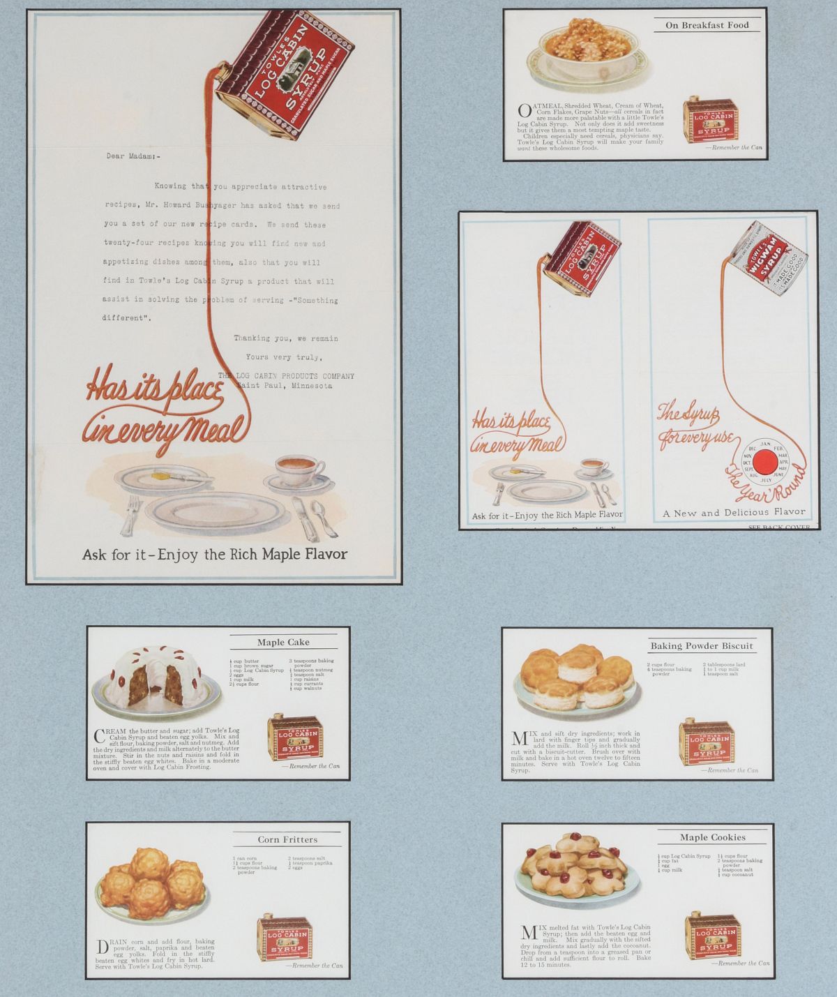 COLLECTION OF LOG CABIN SYRUP ADVTG RECIPE CARDS