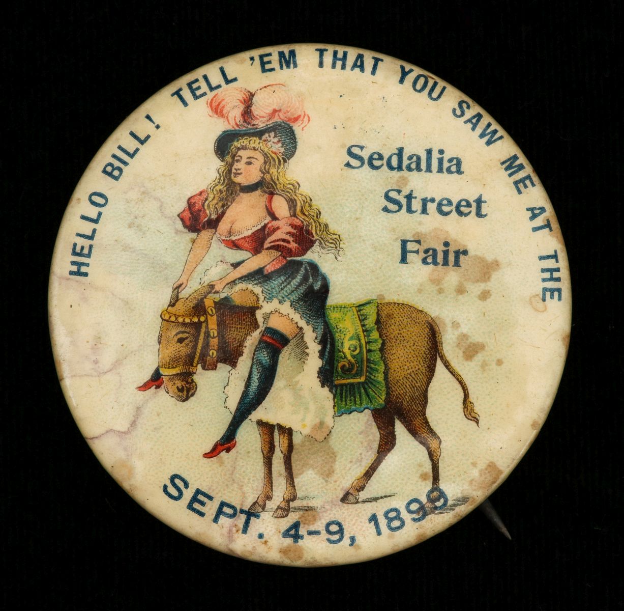 SEDALIA STREET FAIR CELLULOID ADVTG PINBACK 1899
