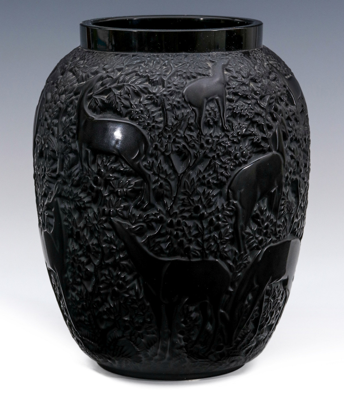 LALIQUE BICHES BLACK FRENCH CRYSTAL ART GLASS VASE