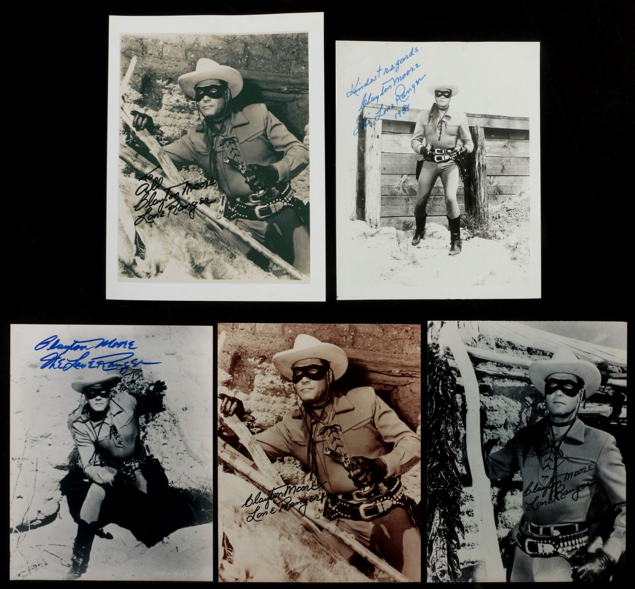 FIVE CLAYTON MOORE SIGNED LONE RANGER PHOTOGRAPHS