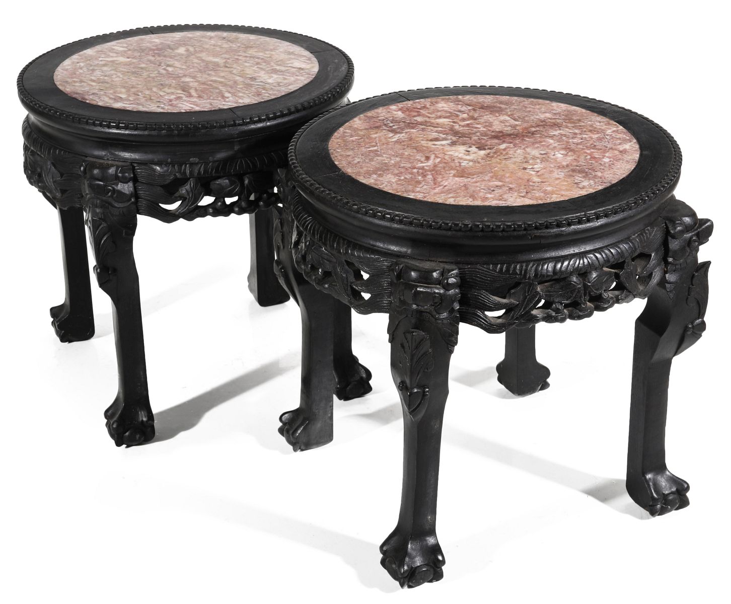 TWO ANTIQUE CHINESE TAMBOUR TABLES WITH MARBLE