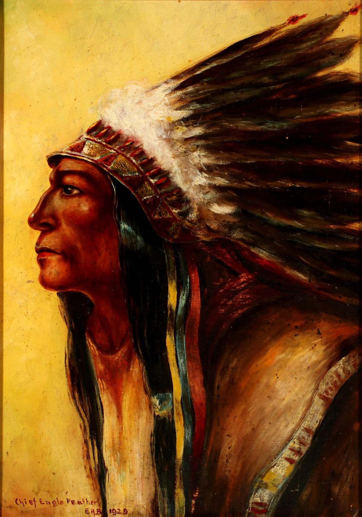 OIL ON PANEL OF CHIEF EAGLE FEATHER AFTER PETERSEN